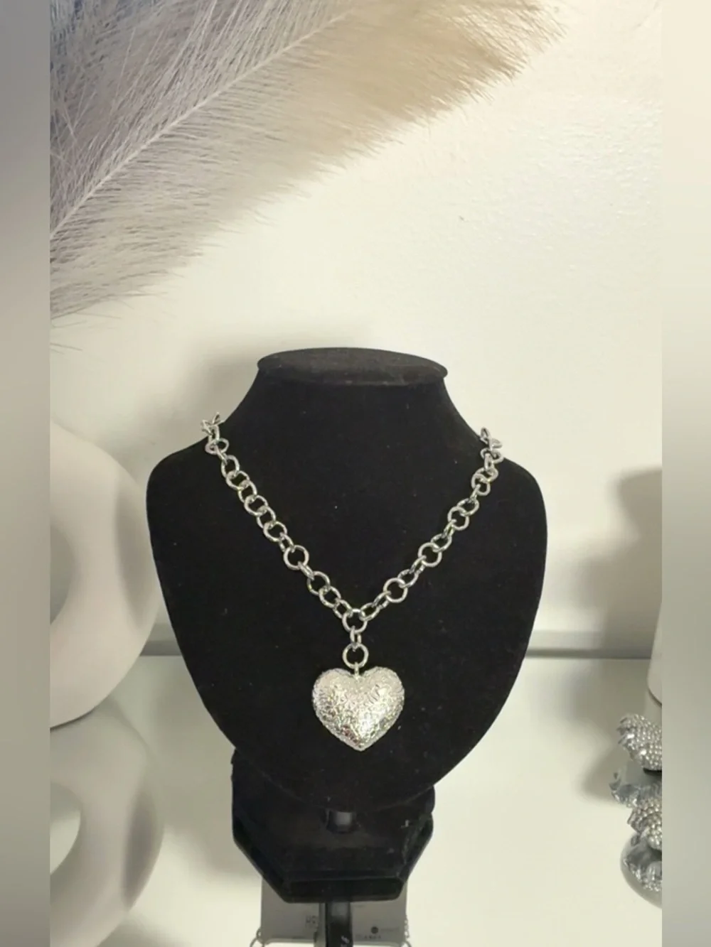 Silver Heart Pendant Chunky Chain Necklace - Women's Jewelry